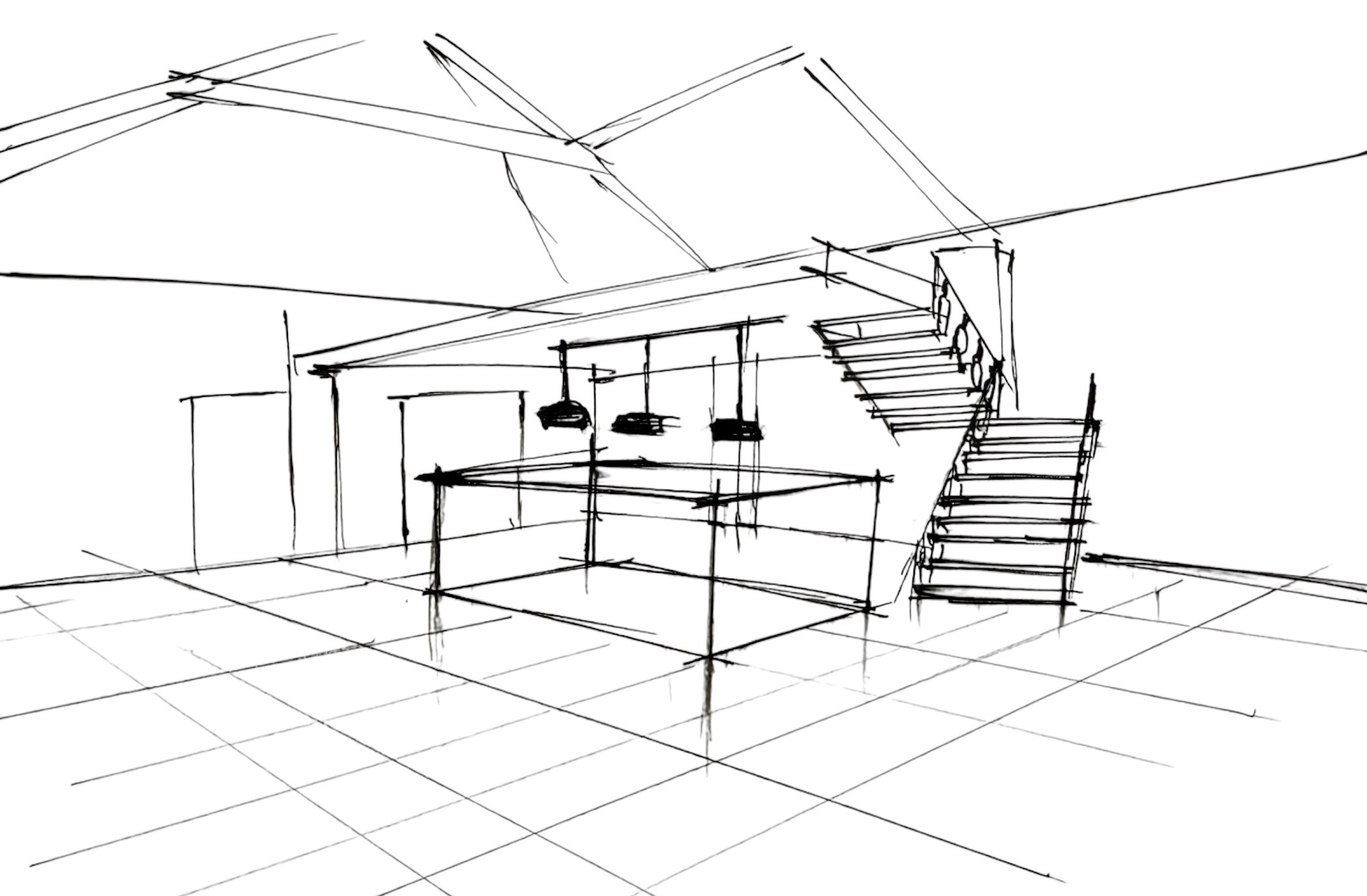 Croquis en perspective à l'encre d'un projet d'architecture d'intérieur – HARENA Design