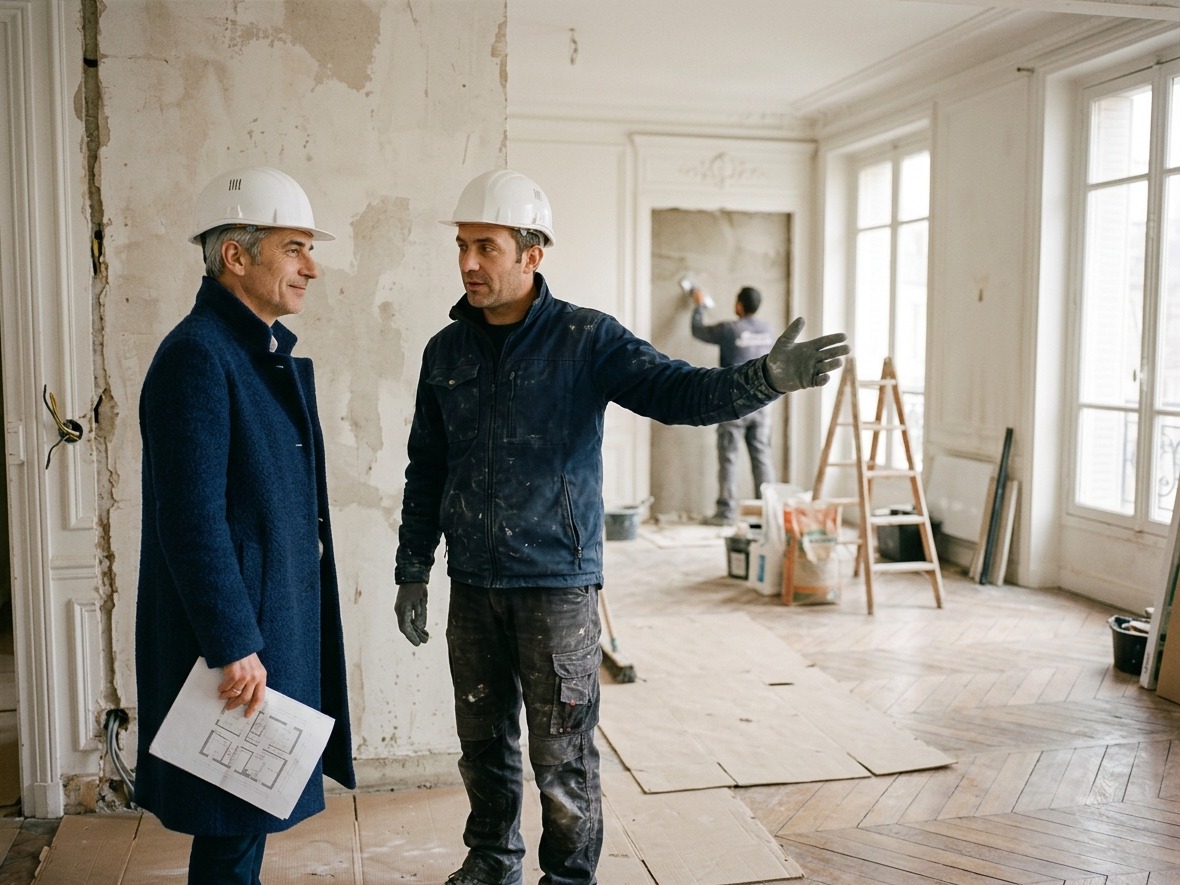 Suivi de chantier : point entre le client et l'entreprise dans un appartement parisien en rénovation – maîtrise d'œuvre HARENA Design