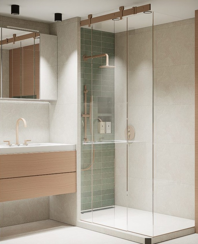 Salle de bains à Saint-Cloud : meuble-vasque suspendu en chêne clair et douche vert sauge – HARENA Design
